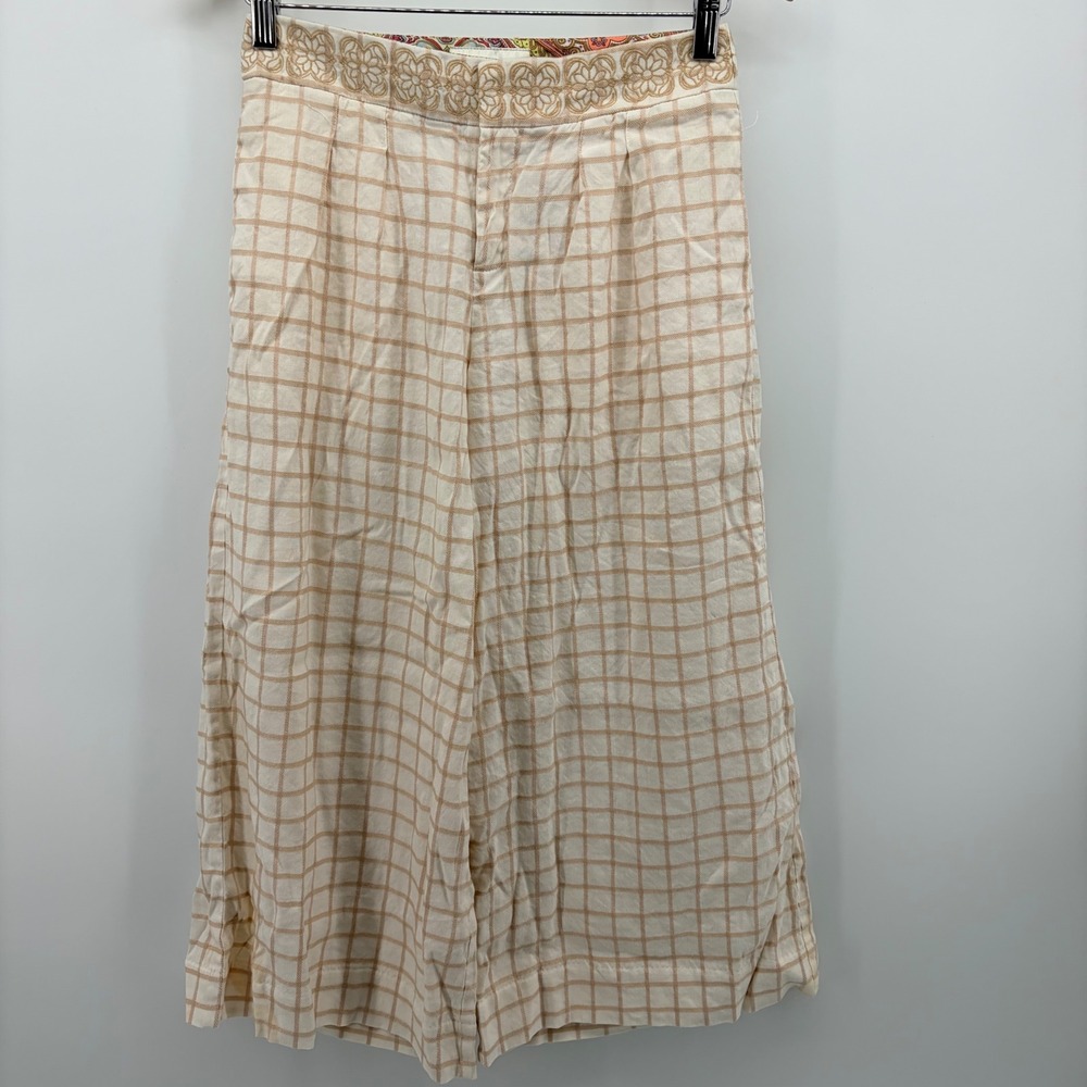 Elevenses Anthropologie Linen Wide Leg Crop Pants Petite 0P Tan Plaid Embroider